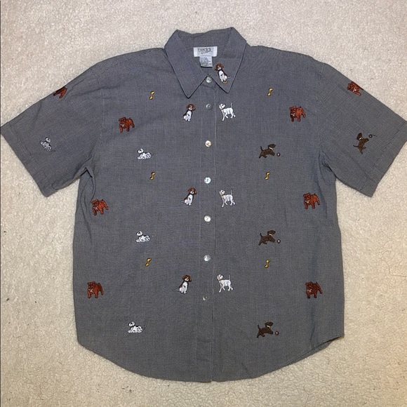 Teddi Tops - Teddi Checkered Embroidered Dogs Shirt medium